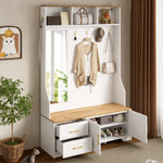 Hallway & Shoe Cabinet, LED, Mirror, Hooks, Drawers, Wood White