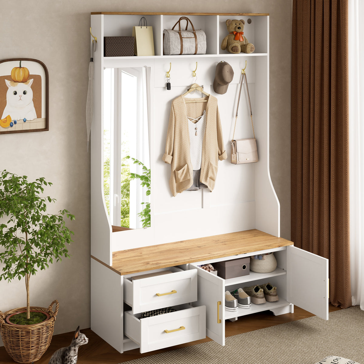 Hallway & Shoe Cabinet, LED, Mirror, Hooks, Drawers, Wood White