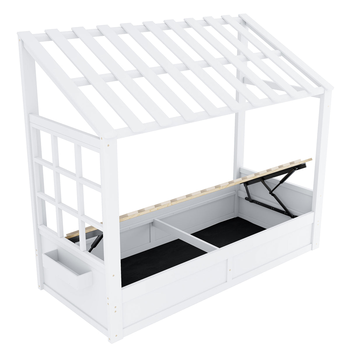 Country Style Children's Bed 90x200cm with Roof & Storage, White