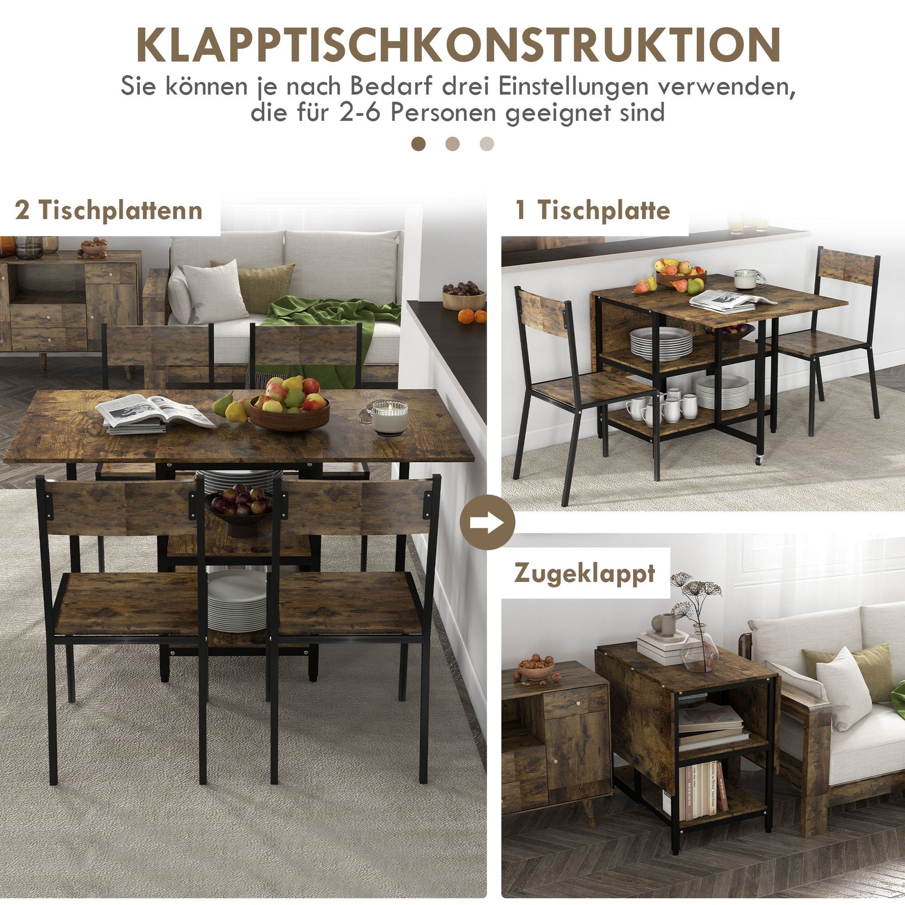 Folding Dining Table, Wheels, 140x80cm, 2-6 People, Rustic Brown Steel