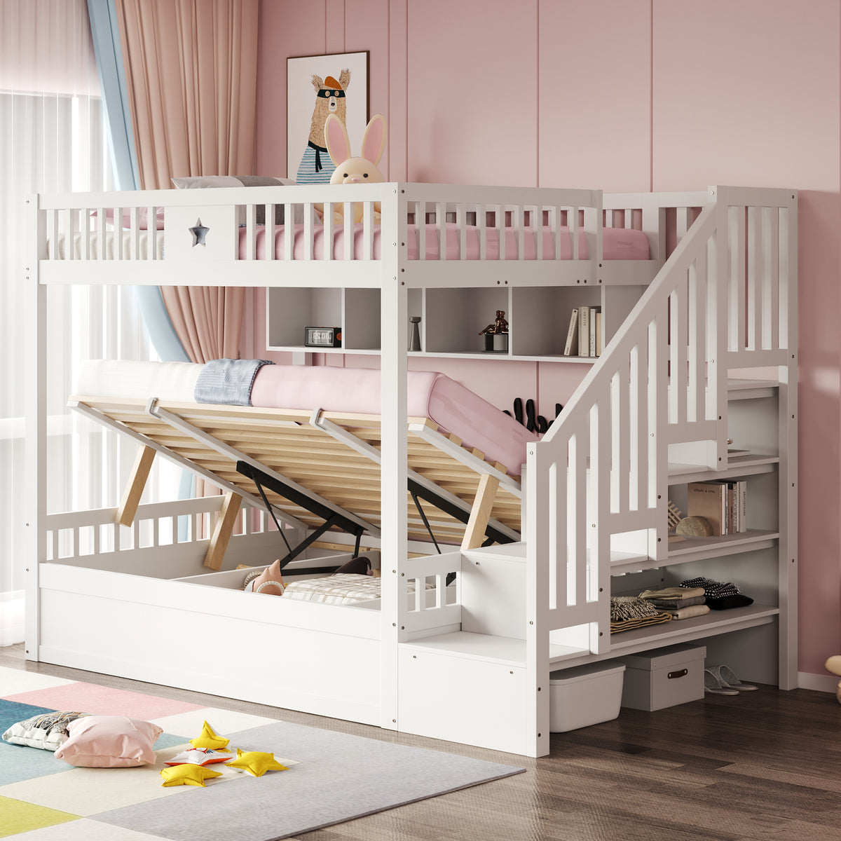 Wooden Bunk Bed 140x200cm with Hydraulic Storage & Stairs, White