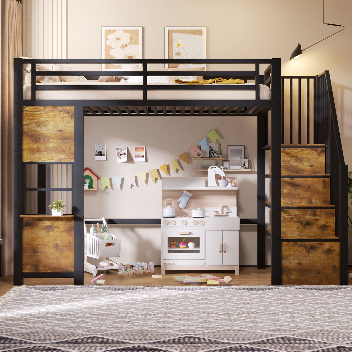 Loft Bed 90x200cm with Storage Ladder & Railing, Black Iron