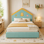 House Bed 140x200cm with 4 Drawers, Blue-Green Velvet