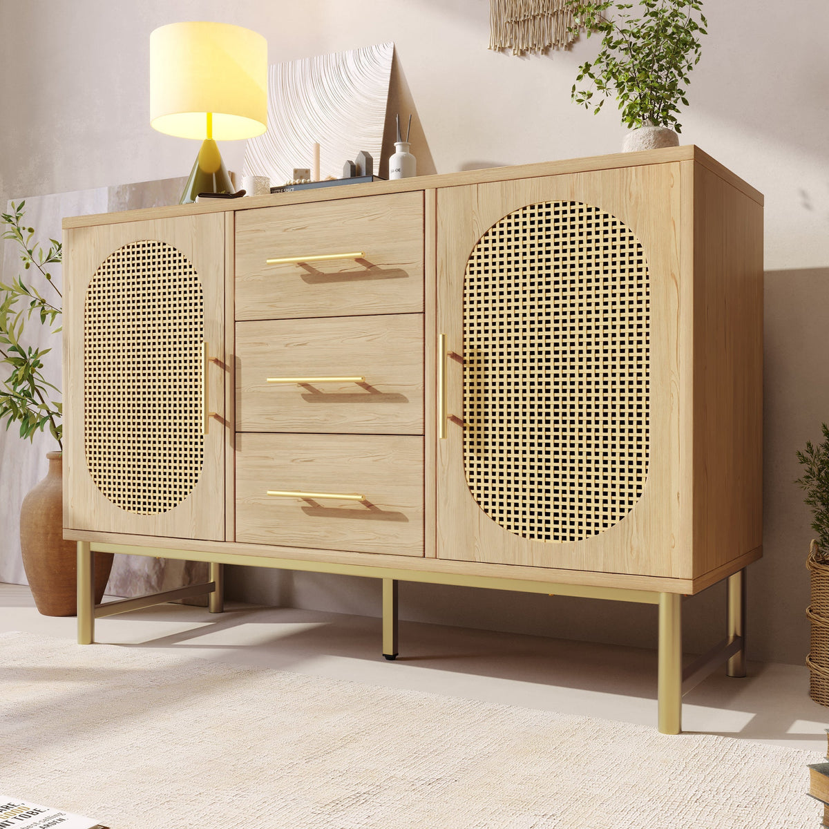 Rattan Sideboard 3 Drawers 2 Doors Adjustable Shelves 120x40x74cm Sonoma Oak