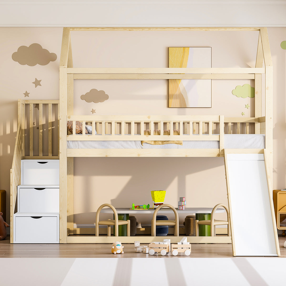 Children's Bunk Bed 90x200cm with Slide & Storage Ladder, Wood