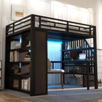 Loft Bed 140x200cm Iron Frame with Desk LED Light Strip Storage Stairs Black