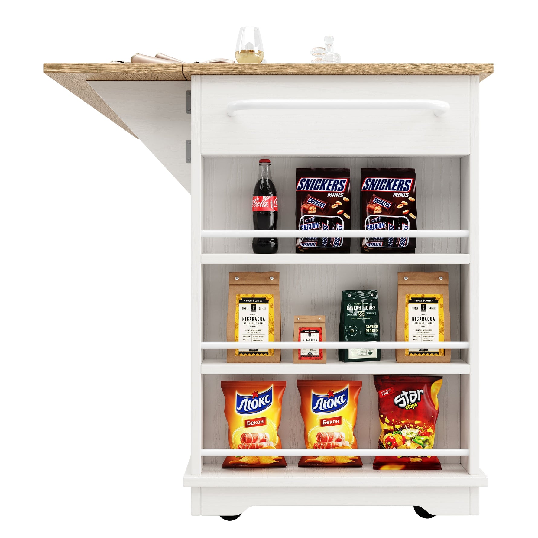 Kitchen Island Cabinet Tempered Glass Worktop Storage - White