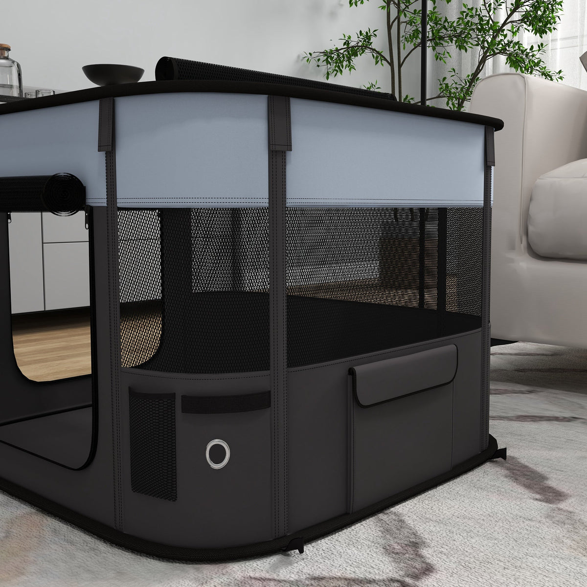 Puppy Playpen Foldable with Doors, Windows, Breathable Mesh, 74x60x45cm Grey