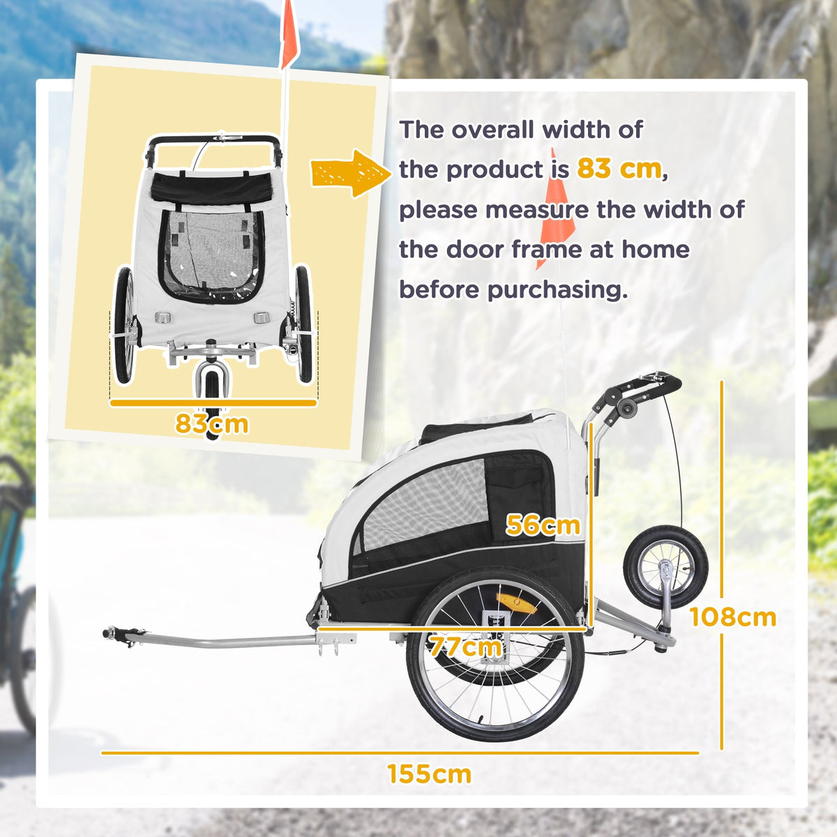 Dog Trailer Jogger Bicycle Trailer, 155 x 83 x 108 cm, White+Black