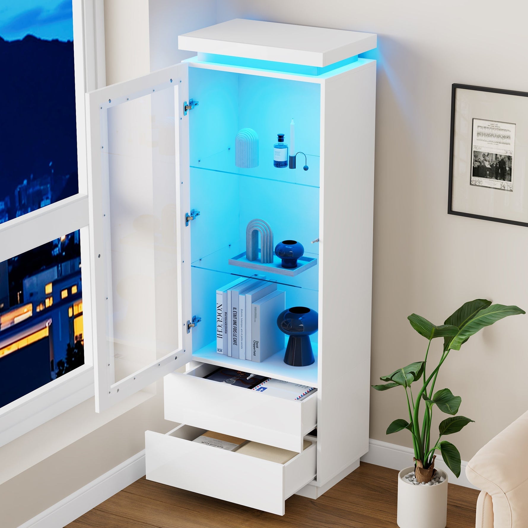 Display Cabinet 60x40x171cm Tall Glass LED 2 Drawers, High-Gloss White