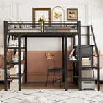 Loft Bed 140x200cm Storage Shelf Desk Wardrobe Iron, Black