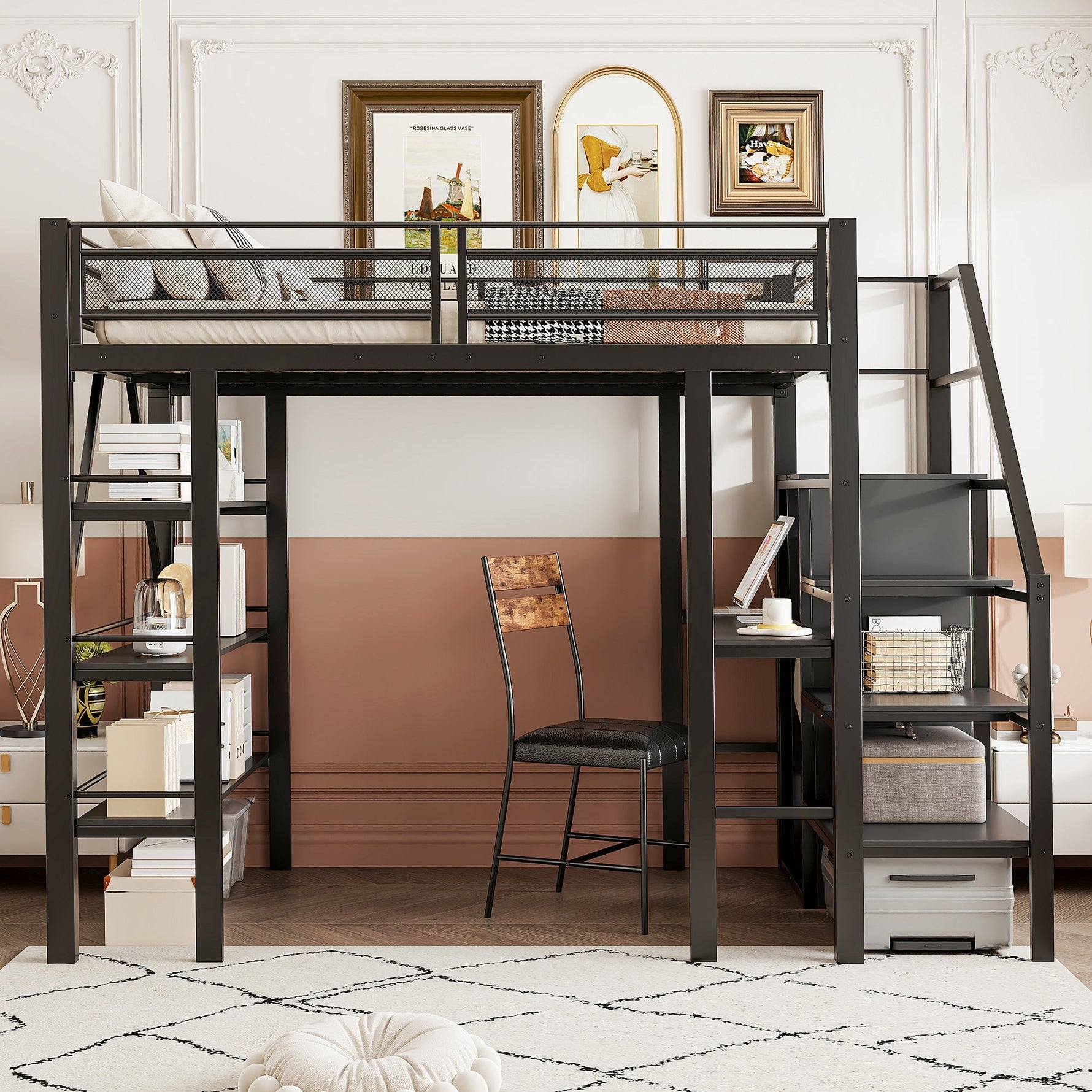 Loft Bed 140x200cm Storage Shelf Desk Wardrobe Iron, Black