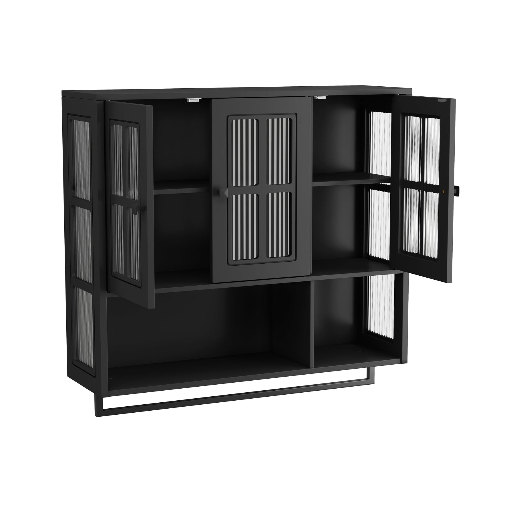 Bathroom Wall Cabinet 3-Door Wooden Glass Door Towel Bar, Black