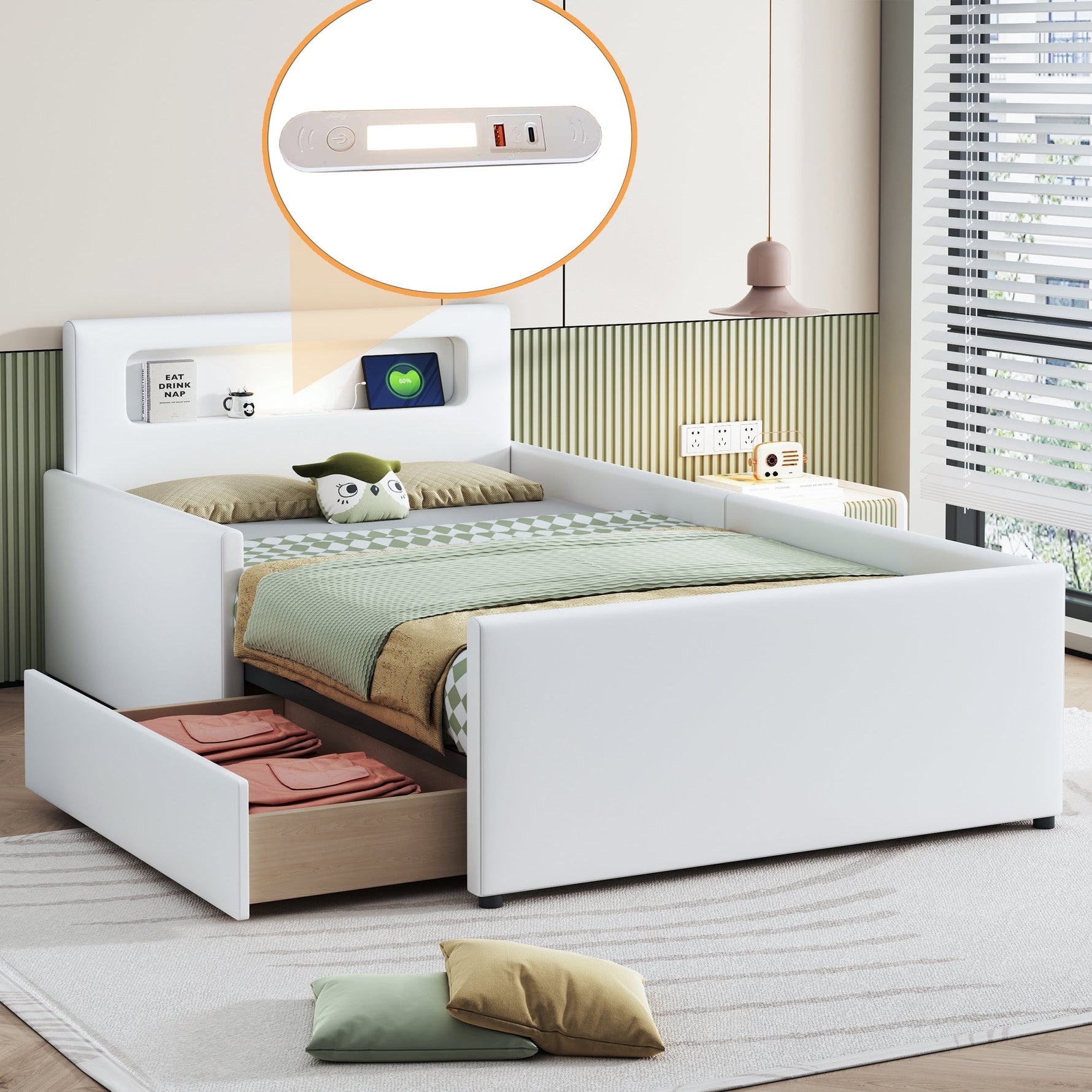 Upholstered Children's Bed 90x200cm Night Light USB Storage Faux Leather White