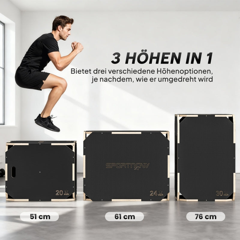 3-in-1 Plyo Box with Handle Openings and 3 Jump Heights, Wood, Black