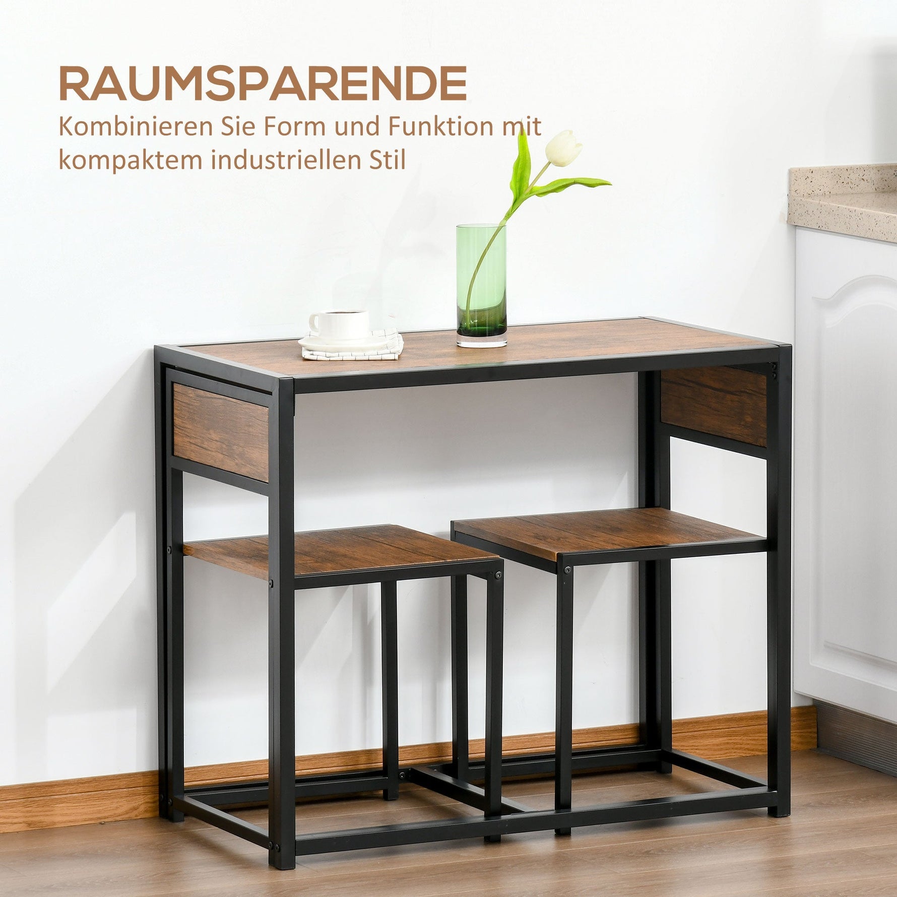Dining Set with 2 Chairs, Kitchen Table Group, Metal and Natural Wood