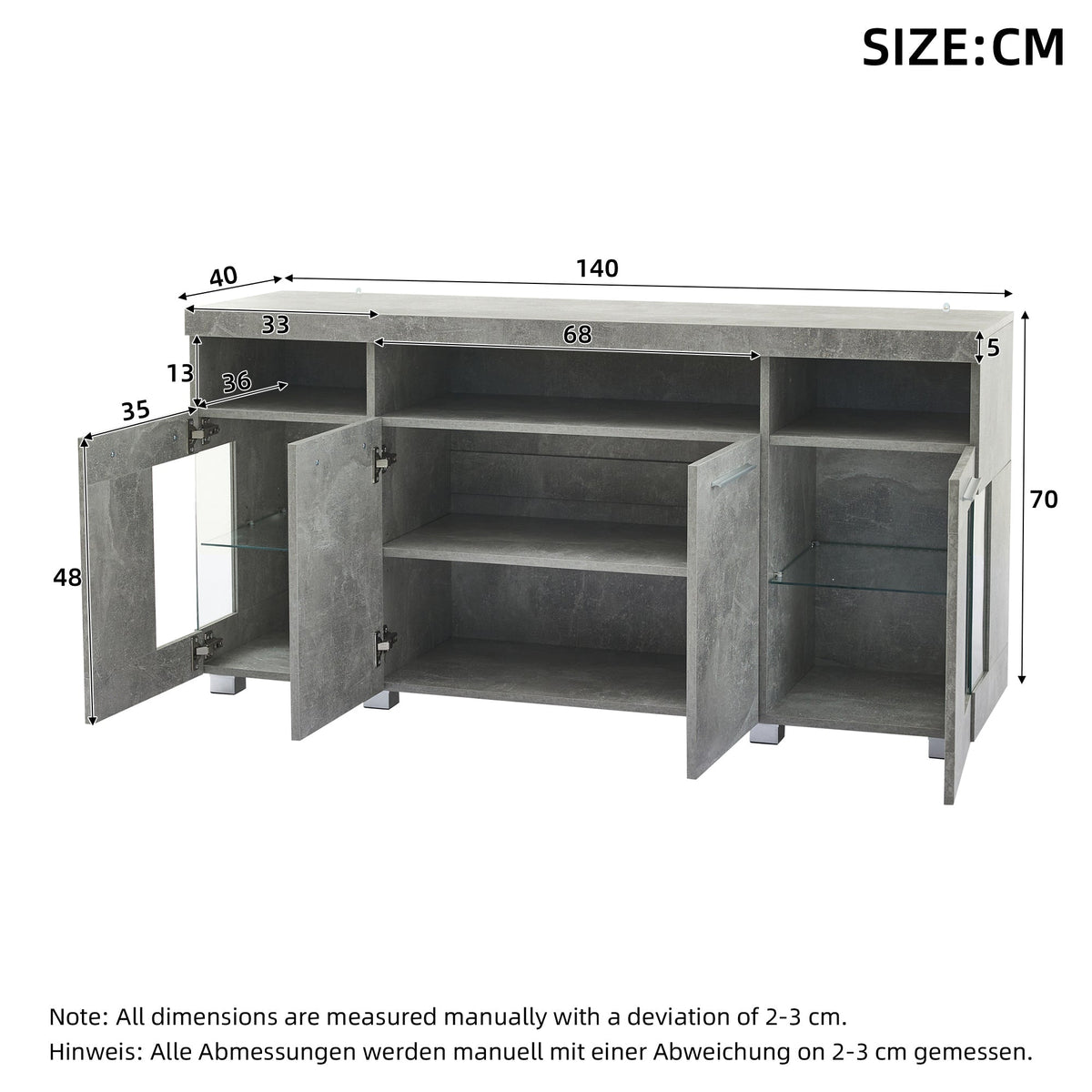 Sideboard Cabinet High-Gloss LED Light Tempered Glass 3 Compartments, Cement-colored