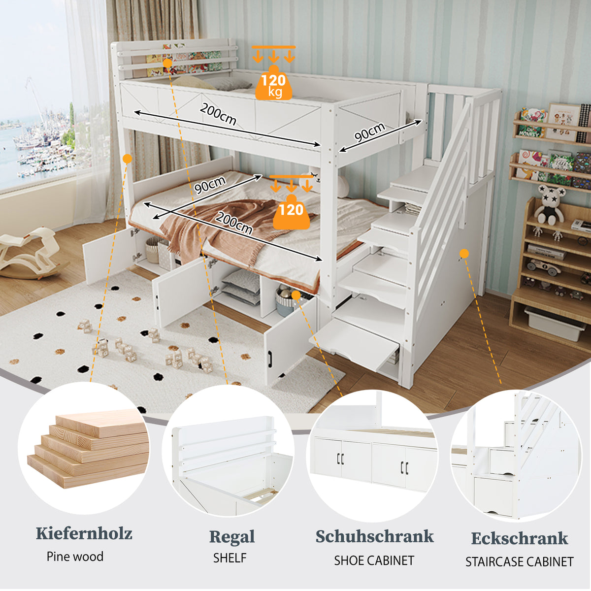 Bunk Bed 90x200 cm with Storage Stairs & Bookshelf, White
