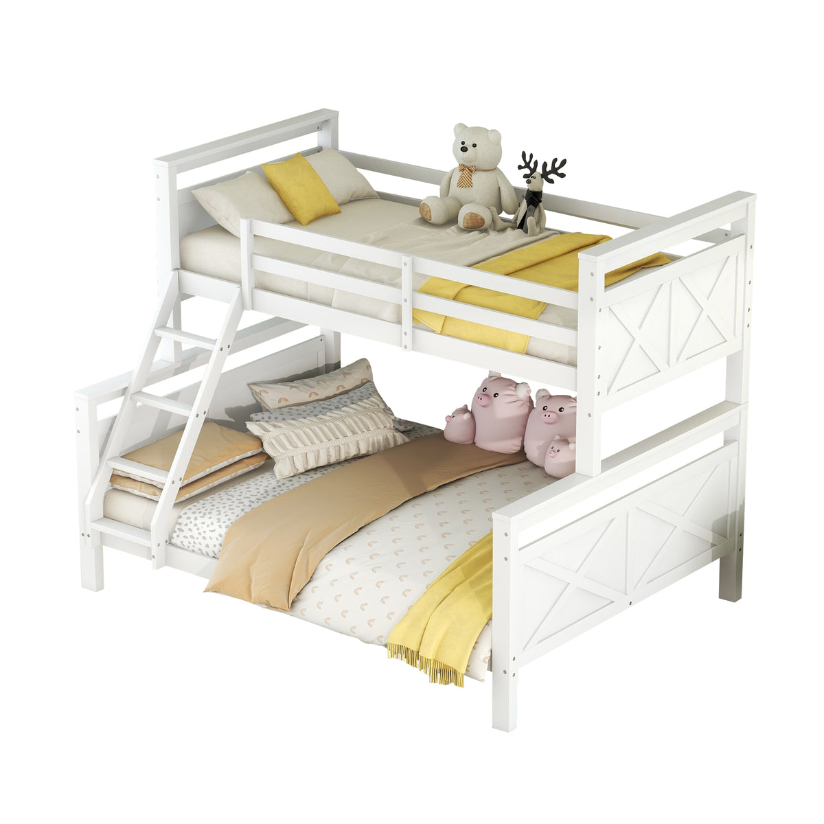 Convertible Bunk Bed with Ladder & Safety Railing - White Wood