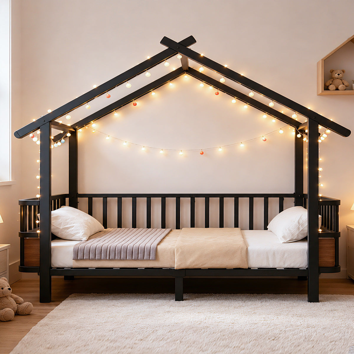 Children's House Bed 90x200cm with Safety Rail & Roof, Black Metal