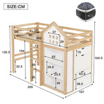 Loft Bed with Storage Compartments, Drawers, Steps and Safety Railing, 90x200cm, White and Natural Pine + MDF + Plywood