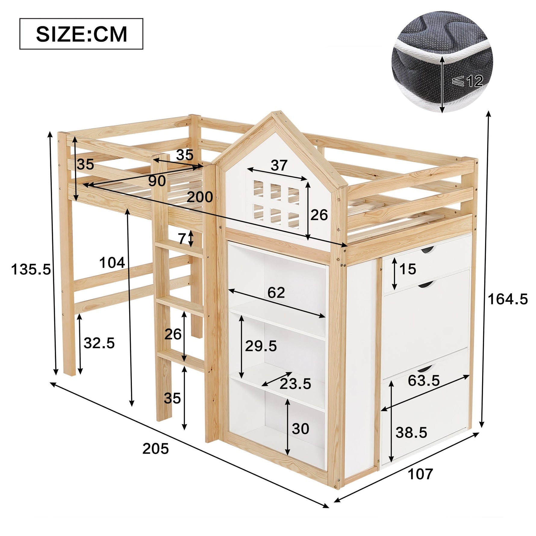 Loft Bed with Storage Compartments, Drawers, Steps and Safety Railing, 90x200cm, White and Natural Pine + MDF + Plywood