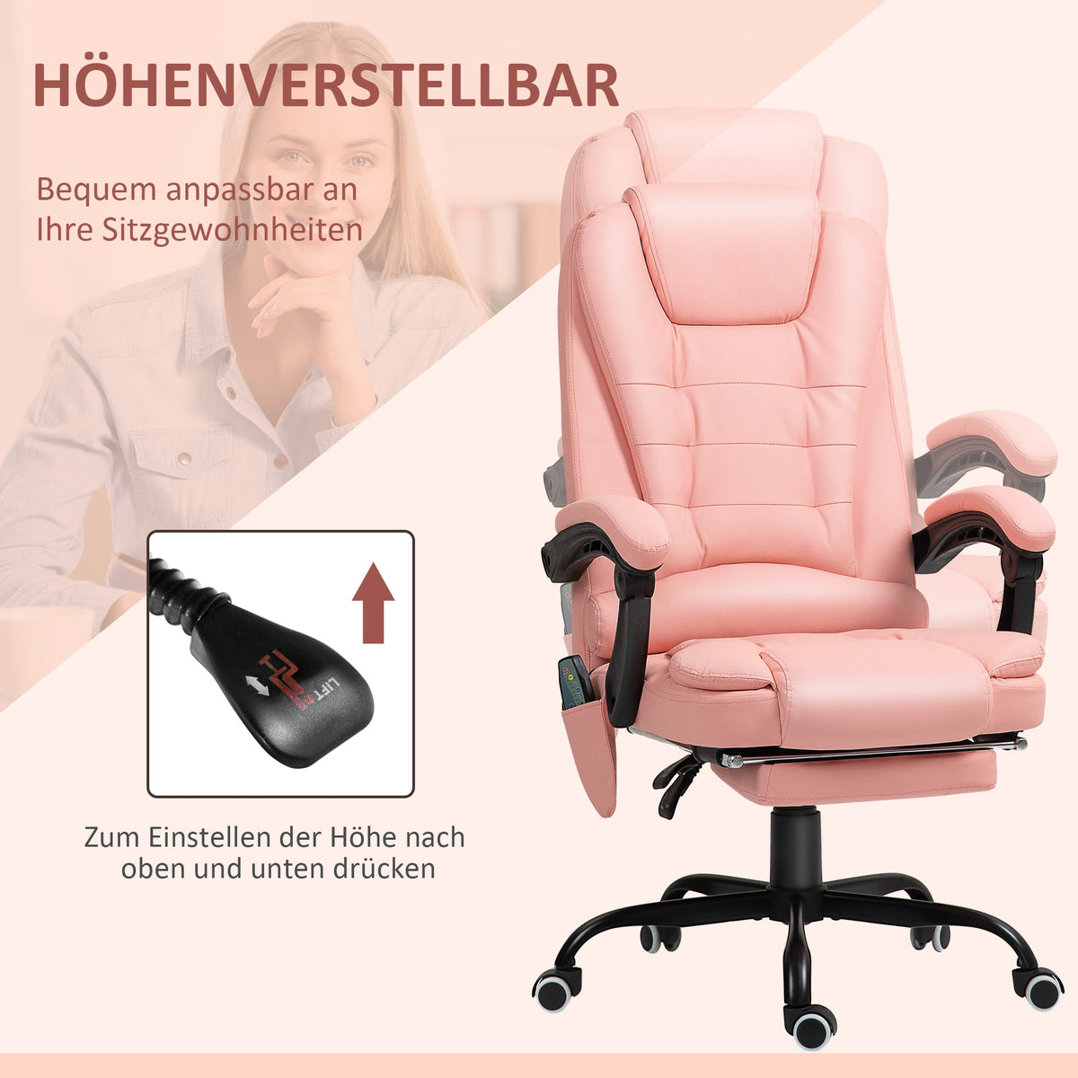 Office Chair, 7-Point Massage Reclining Height-Adjustable 120 kg Capacity, Pink