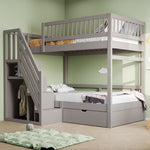Bunk Bed, 90*200cm, High Safety Rail, Slatted Frame, Storage Ladder & Drawers, Solid Wood Grey