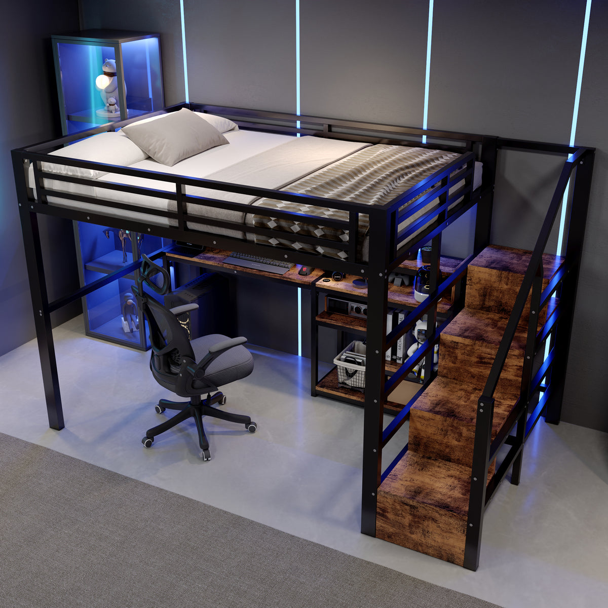 Loft Bed 140x200cm with Storage Cabinet & LED, Black Metal