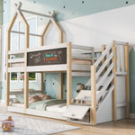 Bunk Bed 90x200, Treehouse Design with Blackboard, Storage, Fall Protection, Loft Bed for Kids, 2x Slatted Frames - Natural & White