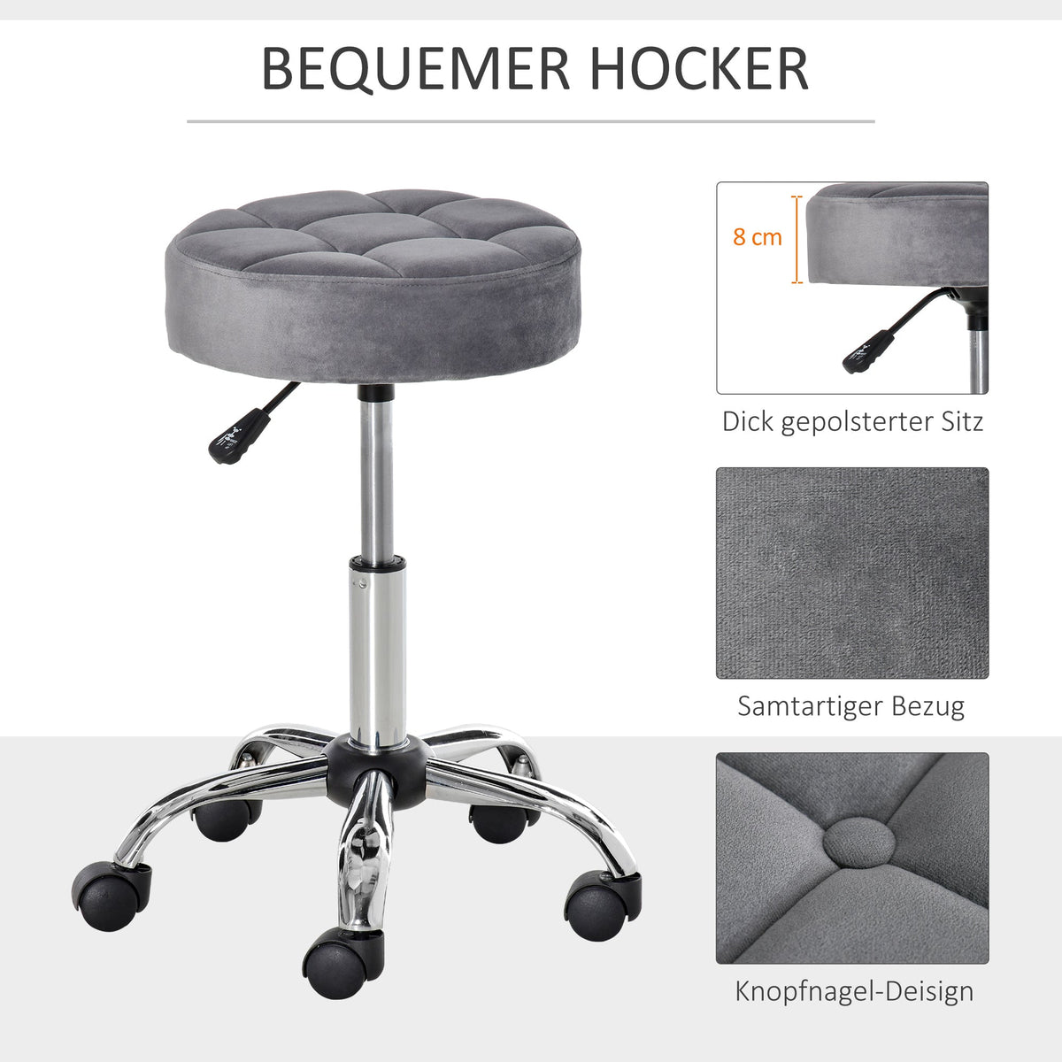Salon Chair/Stool, Height-Adjustable Swivel with Wheels, Velvet Touch Grey