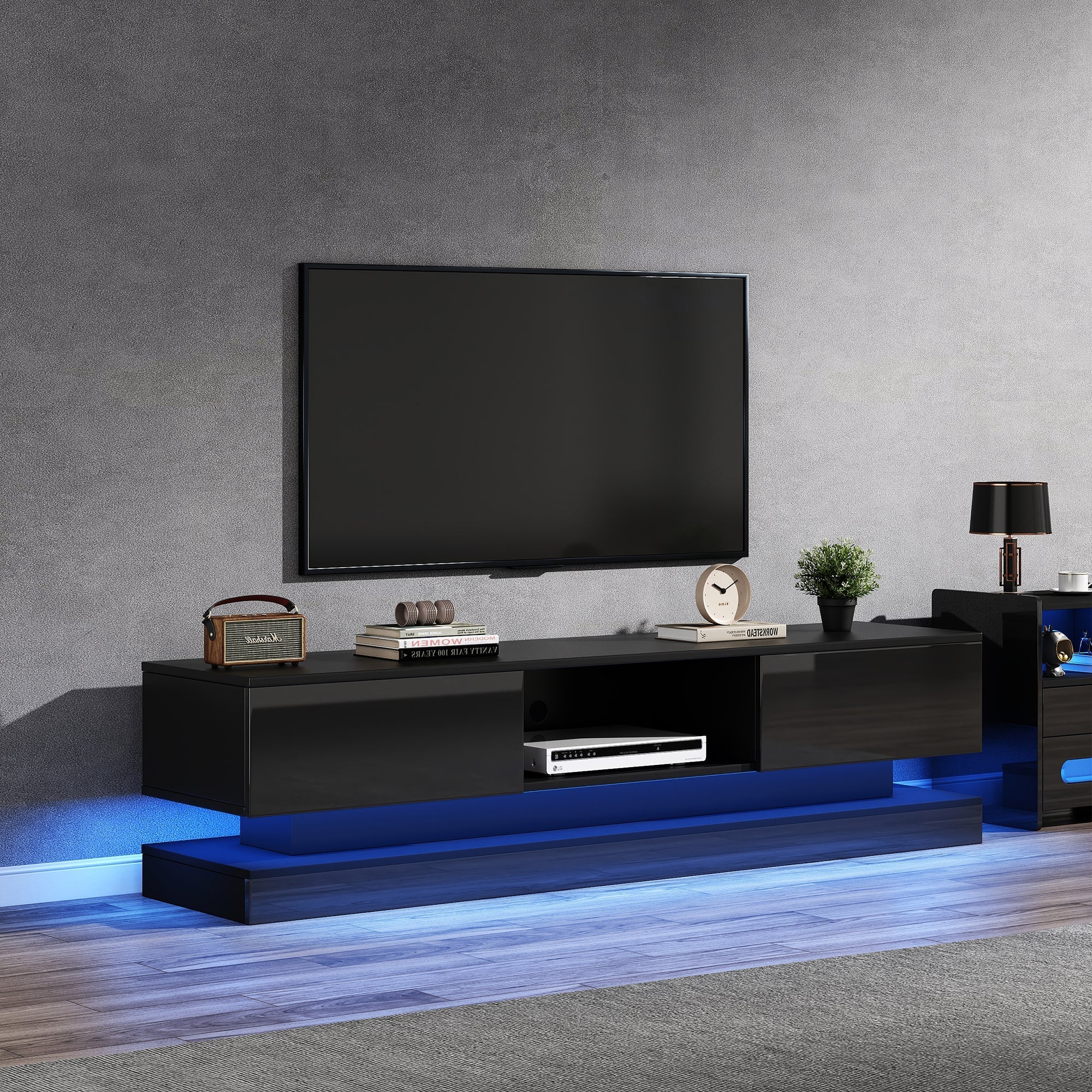 TV Stand 160cm LED Lighting 2 Drawers App Control Anti-Tip High-Gloss Black