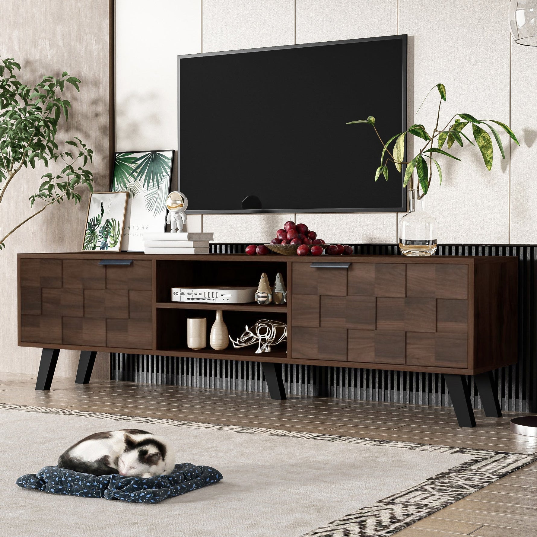 Modern TV Cabinet 2 Doors 2 Open Compartments 160.5cm - Dark Wood Grain