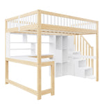 Loft Bed with Desk, LED Lights and Storage Shelves, 140x200cm, White and Natural