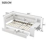 Upholstered Daybed 90x200 with Desk, LED Light, USB Port & 2 Drawers, White