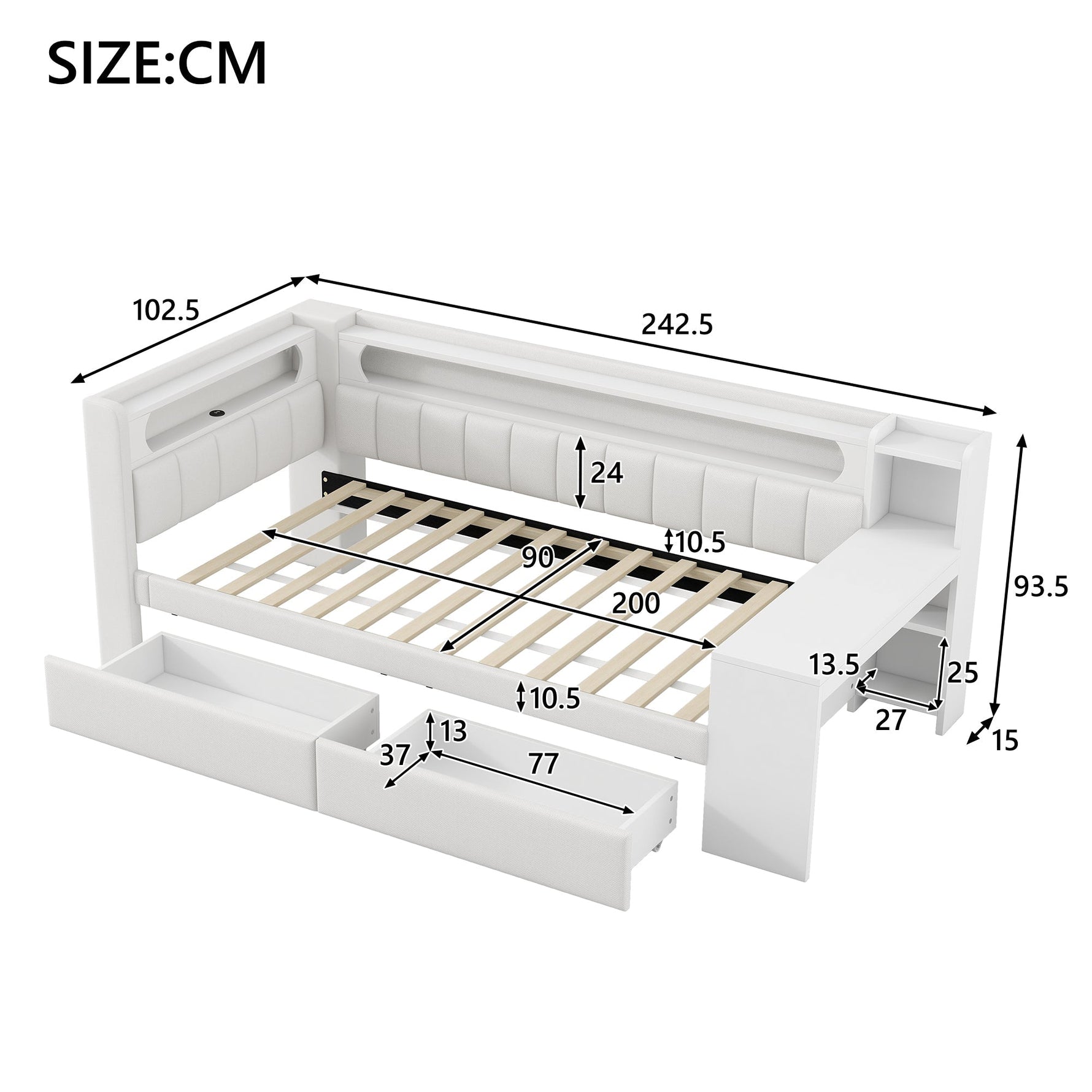 Upholstered Daybed 90x200 with Desk, LED Light, USB Port & 2 Drawers, White
