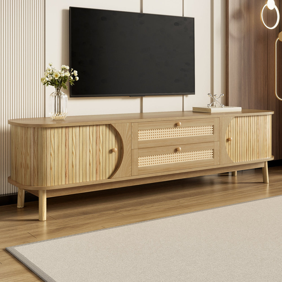 TV Cabinet with Doors, Drawers & Rattan Sides - Natural Wood Blend