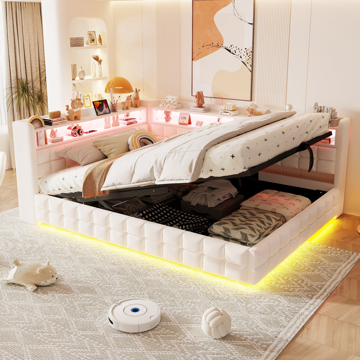 Upholstered Sofa Bed 140x200cm with Storage & LED, Beige Velvet
