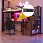 Loft Bed with Desk, Storage Stairs, LED and Socket, 90x200cm, Black Iron