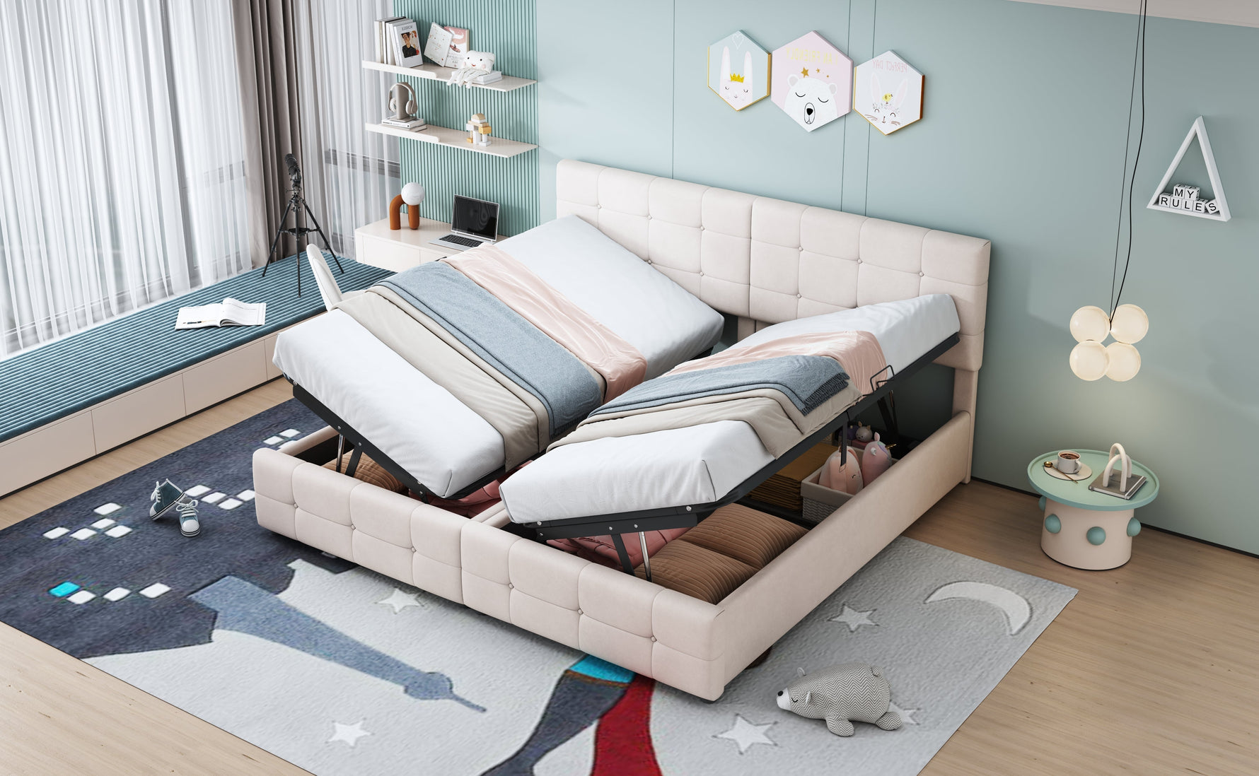 Upholstered Bed 180x200cm, Hydraulic Storage High Box Multifunctional, Beige Velvet