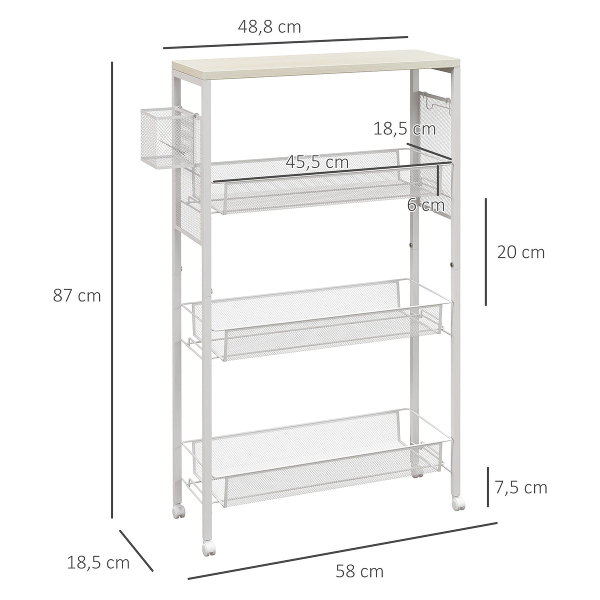 Kitchen Trolley Serving Cart, 3 Levels, Worktop, Hooks, Steel, White