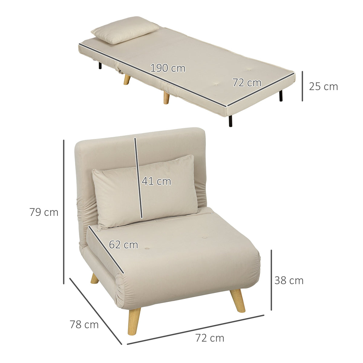Folding Recliner Chair, Bed Function Adjustable Backrest, Velvet Look Beige