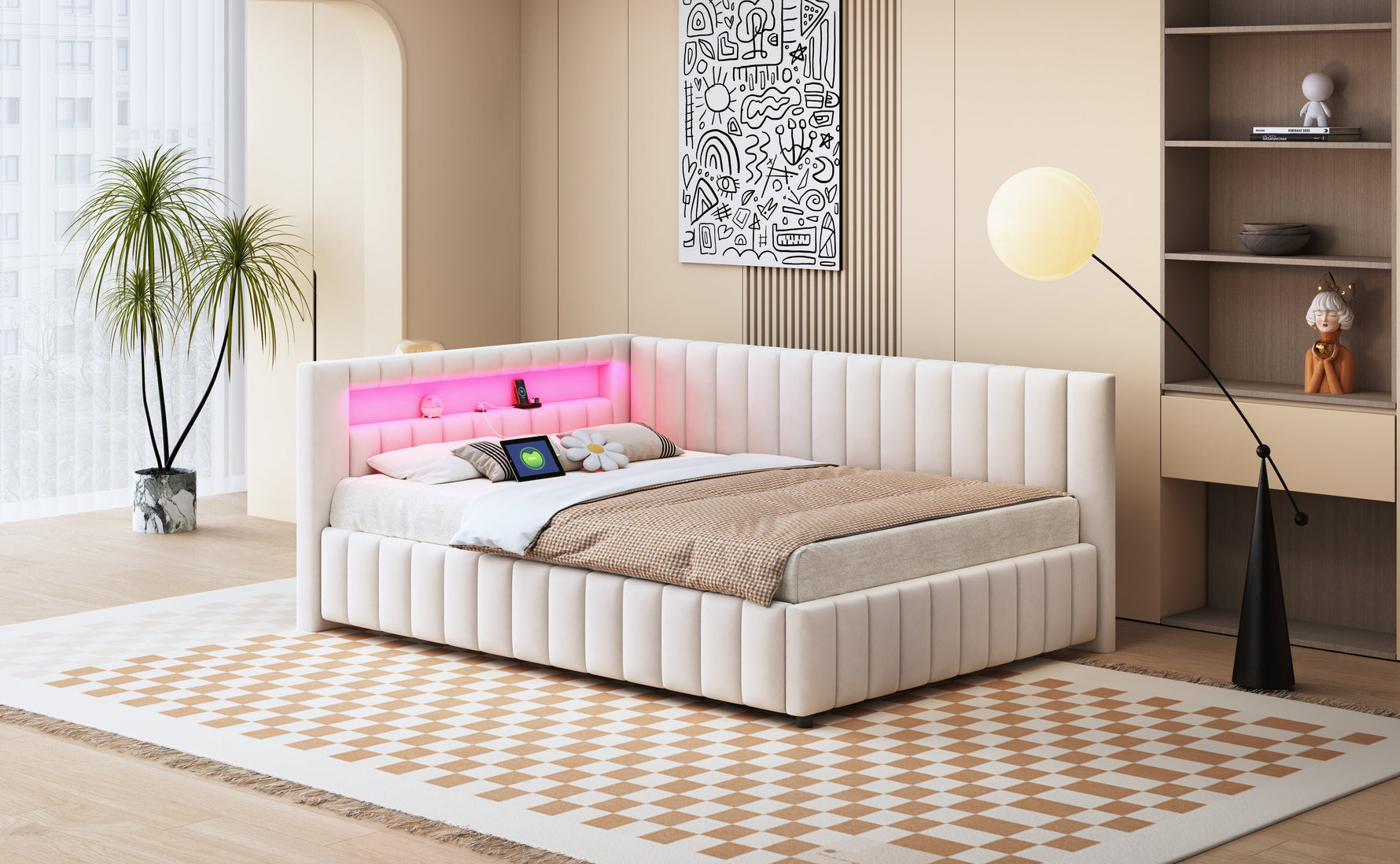 Upholstered Sofa Bed 140x200 with LED & USB Charging Port, Velvet Beige