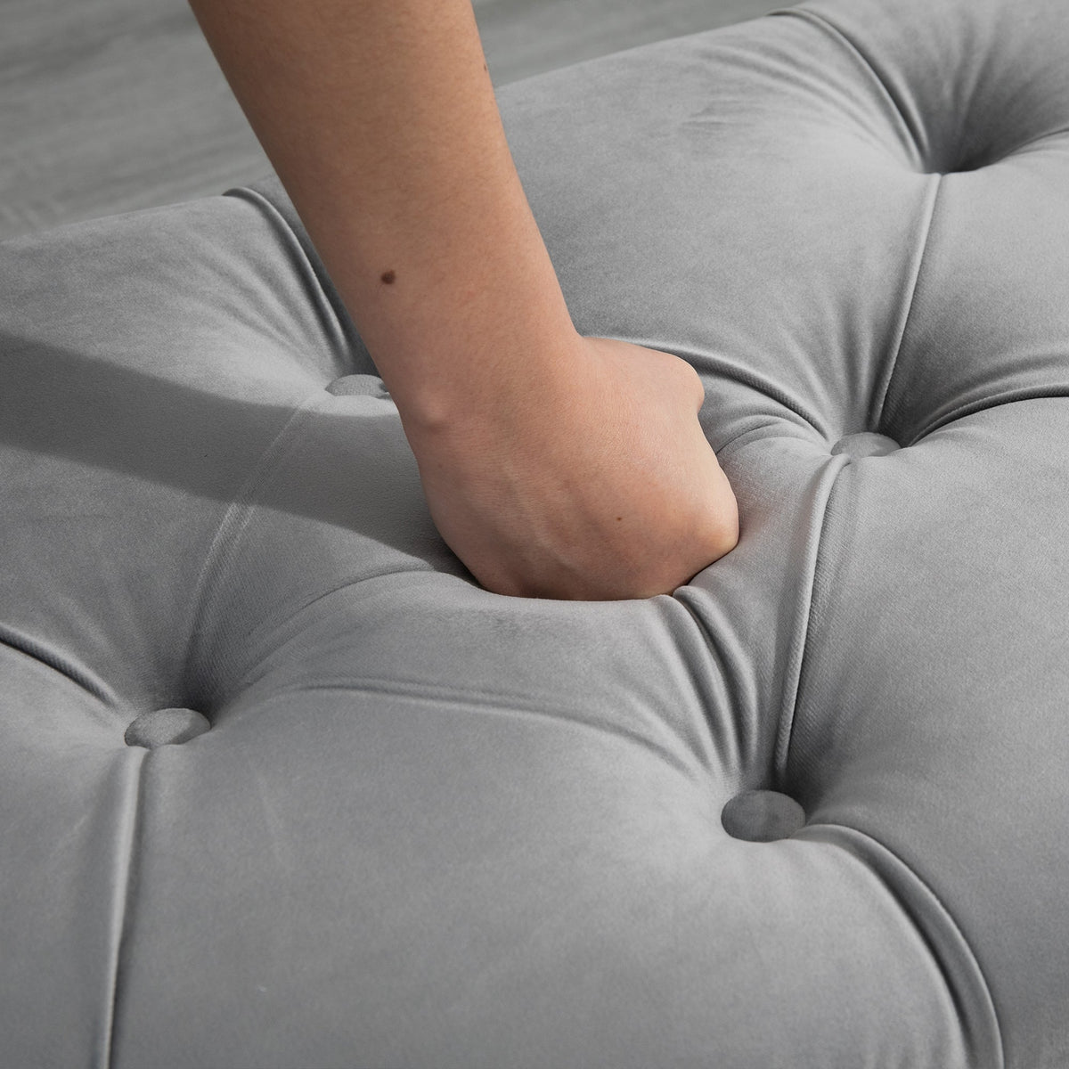 Storage Bench Ottoman Footstool, Velvet-Touch Rubberwood, Grey