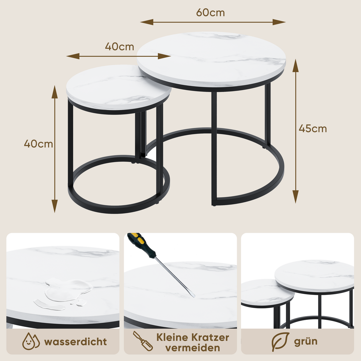 Nested coffee table 2 piece set, 60cm metal frame round modern, white