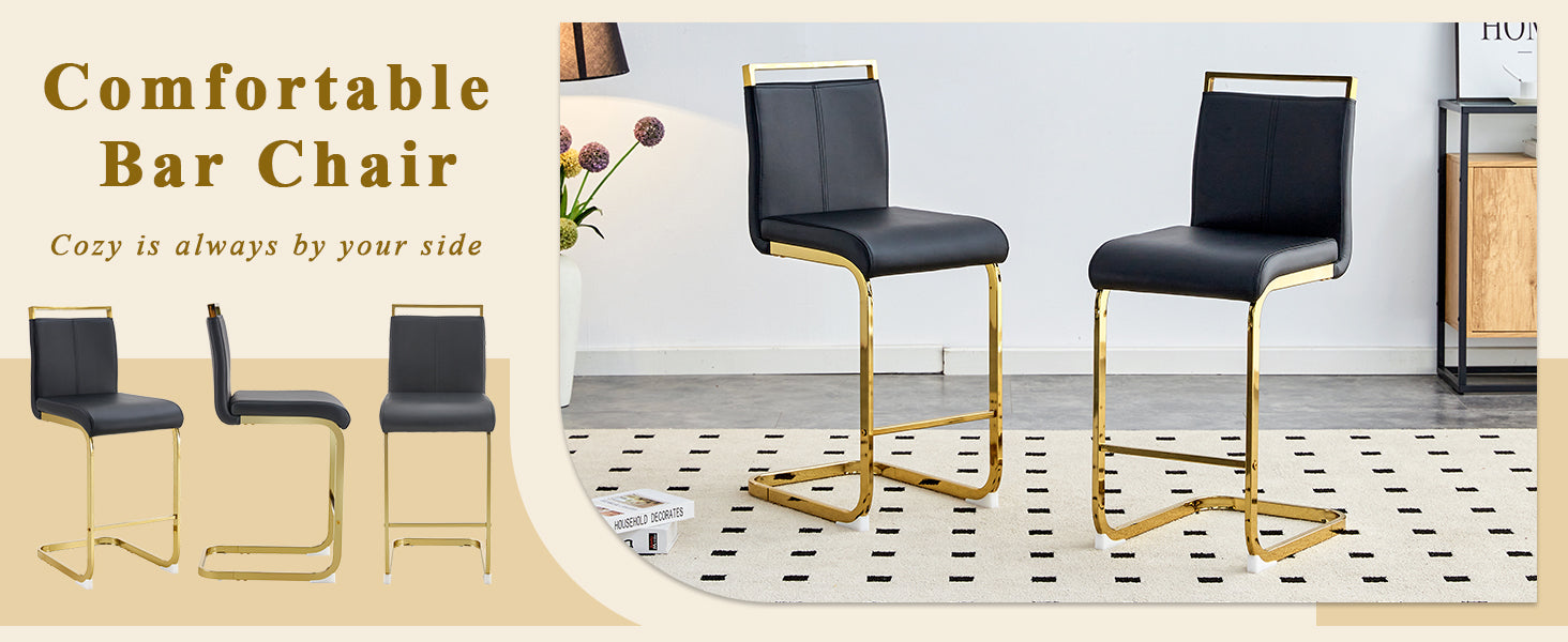 Bar Stools Set of 2 Nordic Style Gold Metal Legs - Black Faux Leather