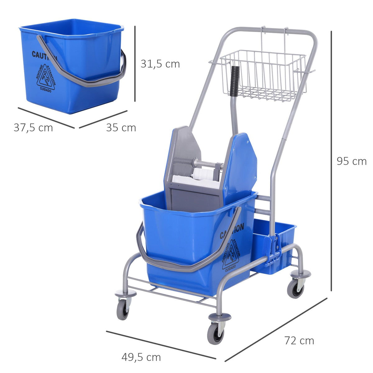 Cleaning Cart Mobile Mop Bucket, 25 Liters with Wringer and 4 Wheels, Blue