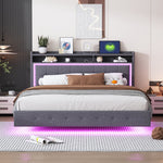 Upholstered Bed, 160x200 USB & LED, Linen Fabric Gray
