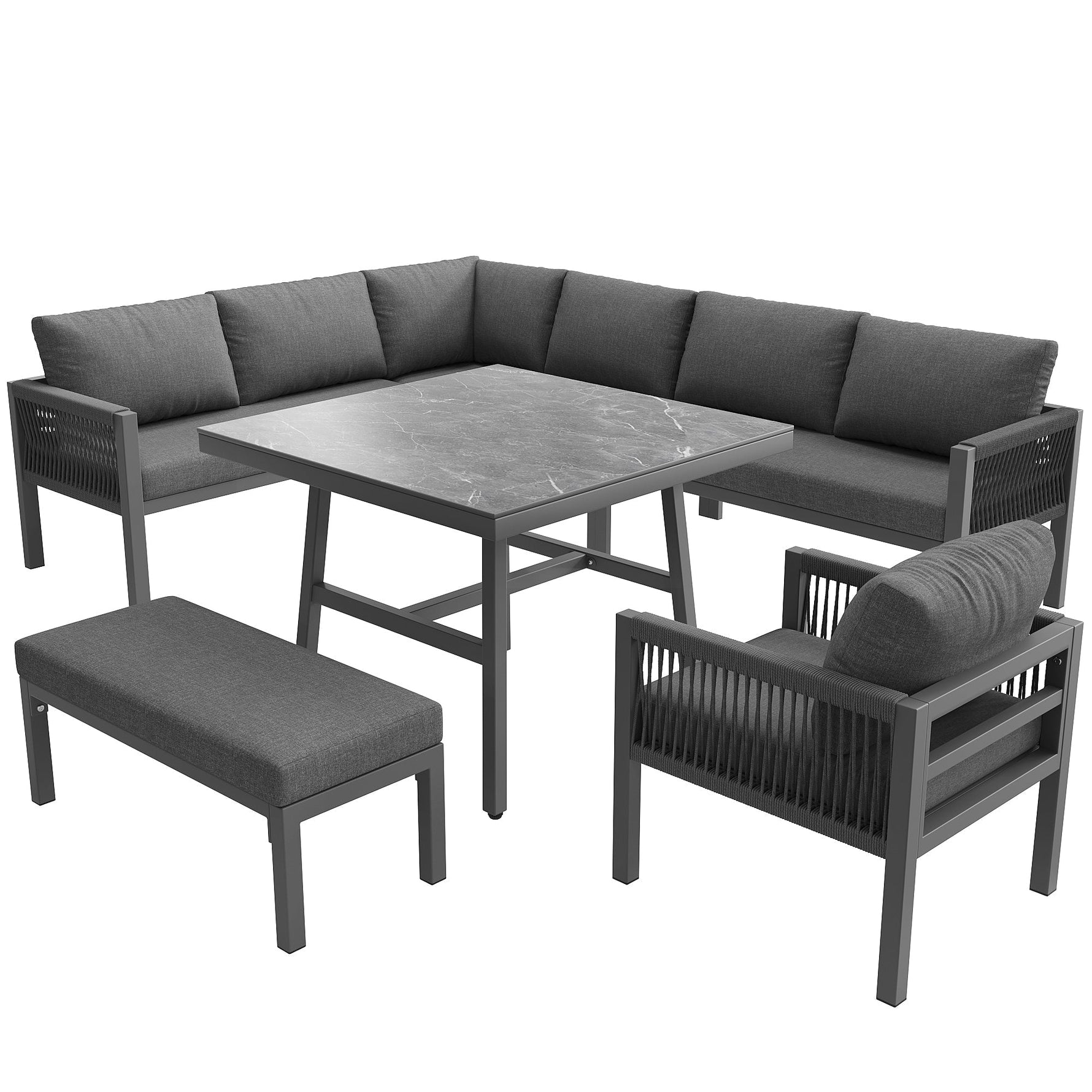 L-Shaped Garden Sofa Set Handwoven 8-Seater Iron Frame Table 2 Armchairs - Grey