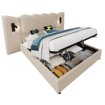 Upholstered Double Bed 180x200 with Lamp & USB, Beige Linen
